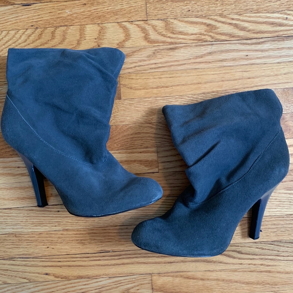 Gray suede heeled booties